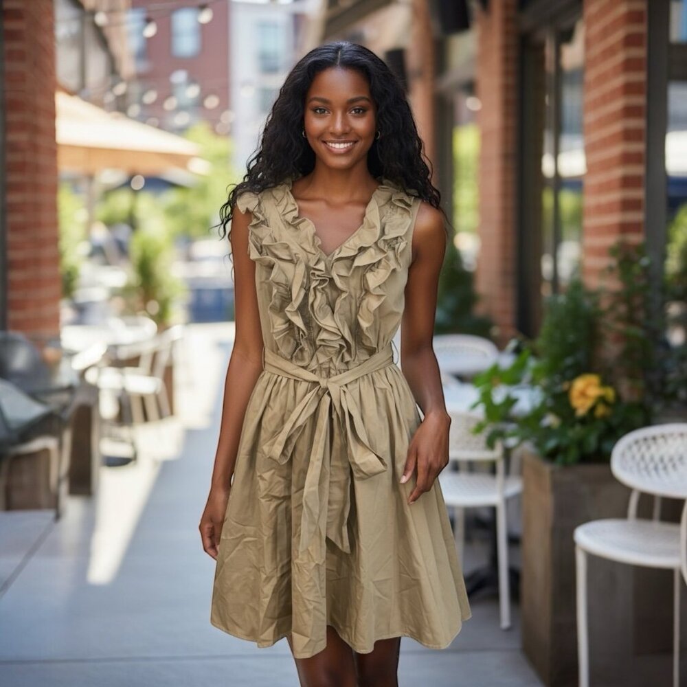 eShakti Women's Ruffle Dress Khaki Medium